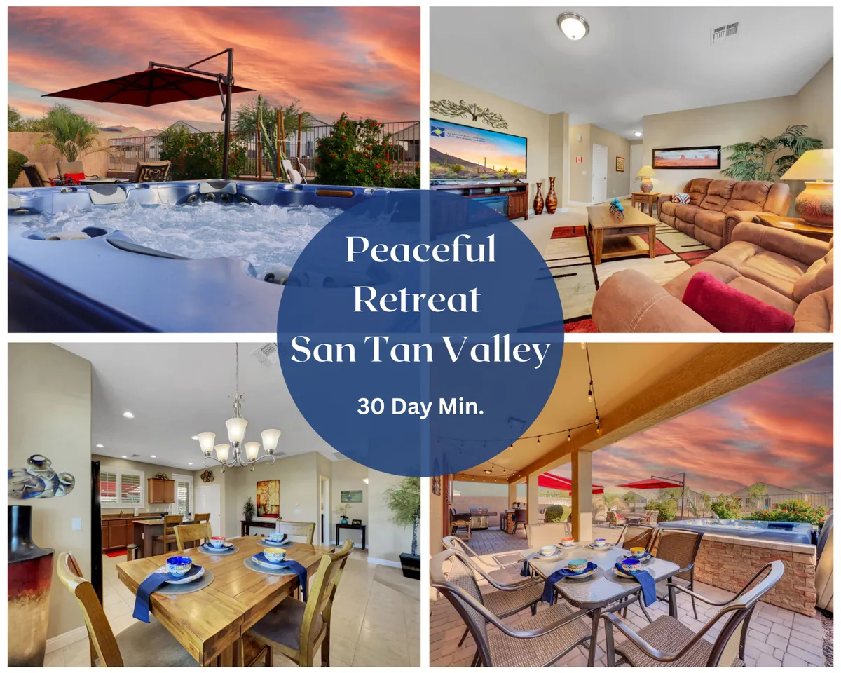 The image showcases the home's resort-style backyard, with a raised hot tub overlooking desert scenery, a stylish outdoor dining area set for an al fresco meal under the open sky, and large windows revealing a cozy, inviting living room and a modern kitchen table inside.
